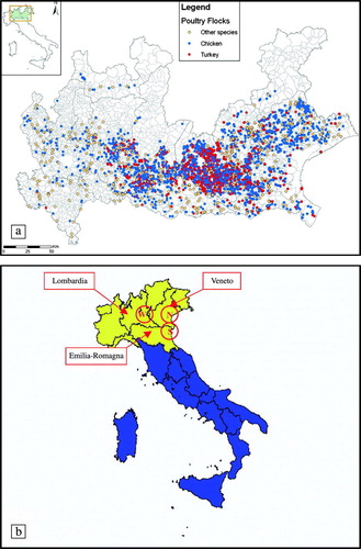 Figure 1.  1a: DPPA in Northern Italy. 1b: Collection sites from migratory wild birds.