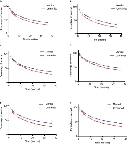 Figure 3 Kaplan–Meier survival curves of overall survival in patients with hepatocellular carcinoma stratified by race/ethnicity and gender.Notes: Percentage of survival for (A) non-Hispanic white, (B) Black, (C) Hispanic, (D) Asian or Pacific Islander, (E) male, (F) female.