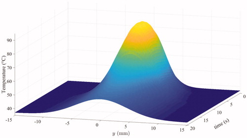 Figure 5. Estimated spatiotemporal temperature distribution for one pulse.