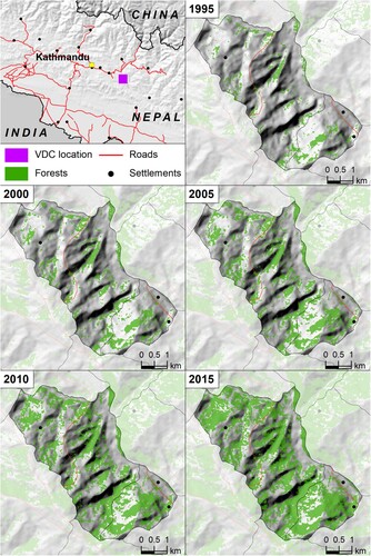 Figure 2. Map of tree cover expansion in Saramthali between 1995 and 2015. Source: Van Den Hoek et al. (Citation2021).