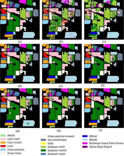 Figure 7. Classification maps of different models on the IP dataset. (a) Ground-truth map. (b) SVM. (c) 2D CNN. (d) 3D CNN. (e) HybridSN. (f) M3D-DCNN. (g) DBDA. (h) ACA-HybridSN. (i) MSA-HybridSN-U.