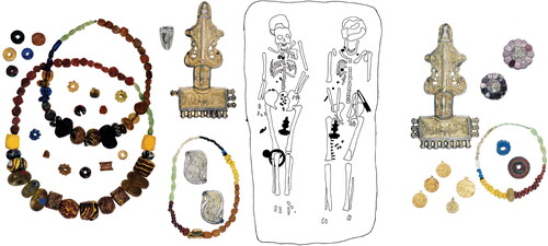 Fig 3 Individuals 167 (L) and 166 (R) buried with various types of brooches and beads typical of the period in one of the multiple burials connected to the Justinianic Plague from Aschheim-Bajuwarenring, Germany. After Gutsmiedl-Schümann et al Citation2018, fig 2. © De Gruyter and authors. Reproduced with kind permission of the authors.