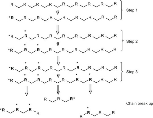 Figure 1 Scheme of general mechanism of oxidation reaction. Step 1 is an initiation that involves generation of free radicals. Step 2 (proliferation) is an increase in the number of free radicals by a series of reactions with oxygen in the surrounding polymer. Step 3 is a transfer of free radicals to different sites in the polymer chain. Finally, the break-up occurs, leading to formation of new chain ends.Notes: R: Polymer chain. *Free radical.