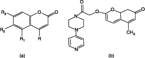 Figure 4 (a) Core structure of coumarins. (b) Structure of compound 33 (coumarin).