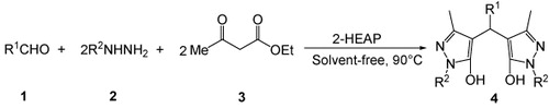 Scheme 1. 2-Hydroxy ethylammonium propionate catalyzed synthesis of 4,4′-(arylmethylene)bis(1H-pyrazol-5-ol)s.