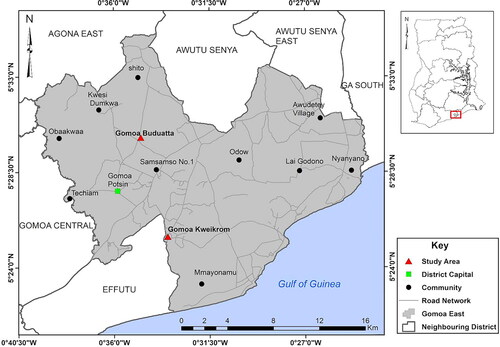 Figure 3. Map of Gomoa East District, showing the study communities. Source: Department of Geography and Regional Planning, UCC, 2021.