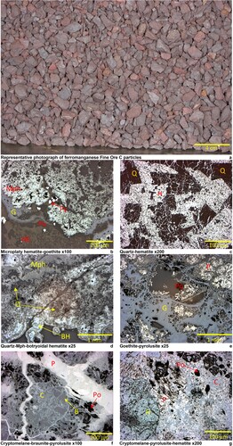 Figure 1. Representative photograph (a) and optical photomicrographs (b–g) of Fine Ore C particle textures (reflected plane polarised light). Key to Figure labels for b–g: H – hematite, Mph – microplay hematite, BH – botryoidal hematite, Nh – Sub-micron hematite, G – goethite, B – braunite, C – cryptomelane, P – pyrolusite, Po – porosity, Py – pyrite and Q – quartz.