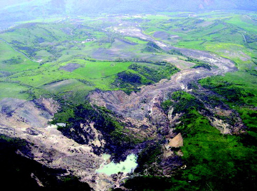 Figure 1. The Montaguto earth flow on 27 April 2006. Photo taken from a helicopter looking south toward the earth-flow toe.