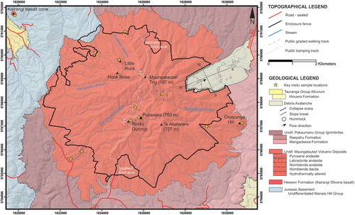 Figure 2. Geologic map for Maungatautari and its surrounds with lithologies of key in situ outcrops identified.