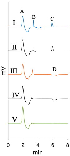 Fig. 3. Ion chromatograms: (I) 1.2 MGy irradiated TeO2 in ABS, (II) Te(VI) standard, (III) TeO2 in ABS nonirradiated reference, (IV) Te(IV) standard, and (V) ABS standard solution. Peaks: (A) NaOH, (B) borate, (C) tellurate(VI), and (D) tellurite(IV)
