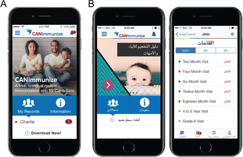 Figure 1. CANImmunize. (A) The CANImmunize app homepage interface; and (B) proposed Arabic version of CANImmunize homepage and record interfaces.