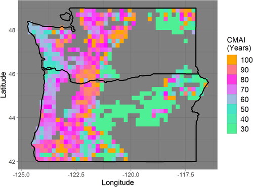 Figure 2. The modeled age at which stands are expected to reach the culmination of mean annual increment (CMAI) is gridded at a 0.2 × 0.2° latitude–longitude Resolution. This age varies widely across the Pacific Northwest. While small-scale variability likely represents noise, larger-scale patterns reveal regional characteristics. Please note that the color scale saturates at 30 and 100 years.