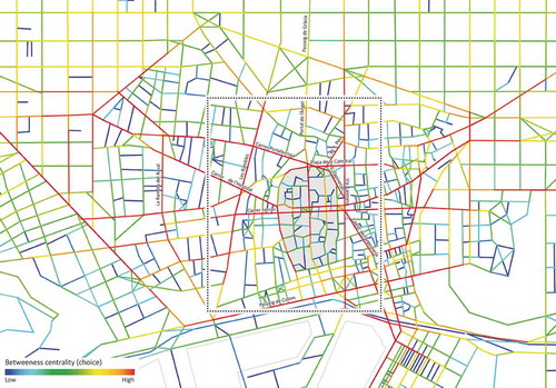 Figure 1. Detail of the betweenness centrality (choice) segment map of Ciutat Vella of Barcelona measured by least angular choice within a 1600 m metric radius. The grey area is the former Roman city of Barcino.