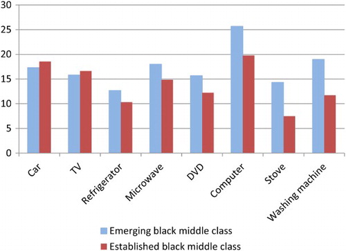 Figure 2: Probability of having purchased certain assets in the previous 12 months for the emerging and established black middle class (percentages)