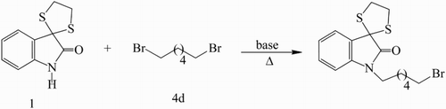 Scheme 3. Direct N-alkylation reaction of spiro[[1,3]dithiolane-2,3′-indolin]-2′-one 1 with 1,6-dibromohexane 4d (as a model reaction).