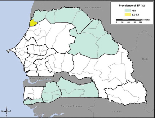 Figure 3. Prevalence of trachomatous inflammation–follicular (TF) in the 17 districts mapped for trachoma, Senegal, 2014.