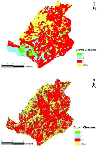 Figure 4. Crown closure map produced from (a) forest cover type map and (b) fuzzy classification (Landsat TM image).