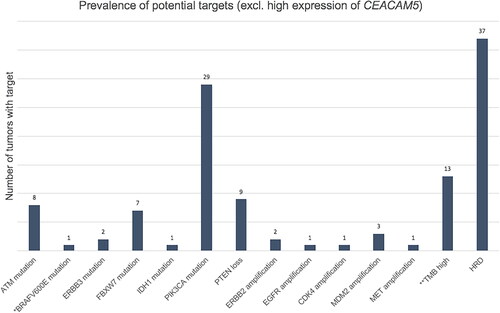Figure 3. Prevalence of potential targets in 85 tumors with targets other than high expression of CEACAM5. *The patient with breast cancer who received BRAF targeted therapy. **With/without pathogenic mutations in mismatch repair genes. 62 tumors had one target, 17 tumors had two, five tumors had three and one tumor had four targets. HRD: homologous recombination deficiency; TMB: tumor mutational burden. PTEN loss include PTEN biallelic deletions and PTEN pathogenic mutation+PTEN deletion and/or loss of heterozygosity.