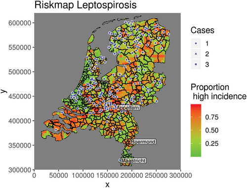 Figure 1. The colours in this leptospirosis risk-map represent the probabilities of realizing a high incidence of human leptospirosis cases. Overlaid are the actual human case locations, with the number of cases per PC4 area indicated by different shapes. The three field study areas are indicated. ‘x’ and ‘y’ are the coordinate axes of the RD_NEW (Amersfoort coordinates) national coordinate system.