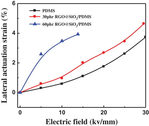 Figure 10. Lateral actuation strain of PDMS and RGO@SiO2/PDMS composites as a function of electric field.