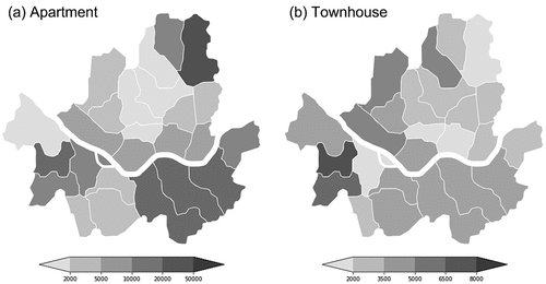 Figure 5. The spatial distribution for the number of old buildings over 30 years in 2020. (a) apartment, and (b) townhouse.