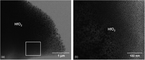 Figure 7. (a) TEM photos of PMS doped with 30% Hf(OnBu)4 and annealed at 1300°C and (b) magnified image of the marked area in (a) [Citation29].