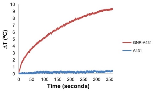 Figure 6 Temperature elevation of gold nanorods bioconjugated with an A431 cancer cell line compared with A431 cells without gold nanorods in solution.Notes: It can be seen that the bioconjugated GNR-A431 has a distinctive heating profile compared with the A431 cells.