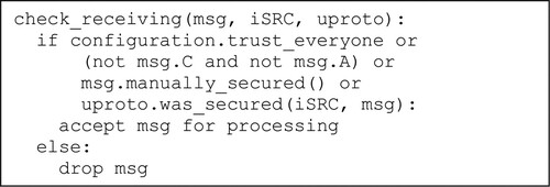 Listing 2. Implicit security checks upon message reception.