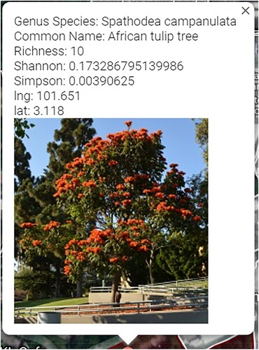 Figure 9. Float window that shows species information and diversity indices.