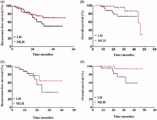 Figure 4. Recurrence-free survival rates and overall survival rates for the laparoscopic hepatectomy (black) and the microwave ablation-assisted laparoscopic hepatectomy (red) groups before (A and B) and after (C and D) the propensity score matching analysis.