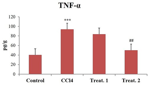 Figure 3. Effect of different doses of D-limonene on TNF-α. Group I: Control; Group II: CCl4 group; Group III: CCl4 + D-limonene (100 mg/kg body weight); values are expressed as mean ± SE, n = 6; *signifies difference with control while #signifies difference with CCl4, ***indicates significance at P< .001 and ##indicates significance at P < .01.