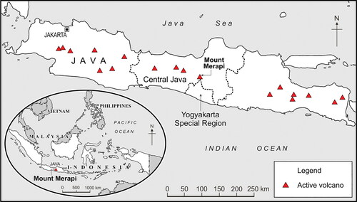 Figure 1 Active volcanoes on Java Island, Indonesia (adapted from Bani et al. Citation2013).