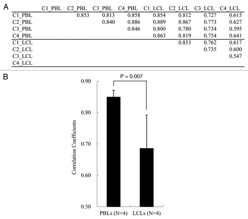 Figure 2 Correlation coefficients. (A) Correlation coefficients between all pair-wise comparisons. (B) Comparison of average correlation between PBLs or LCLs from four individuals. Student's t-test p value is given.