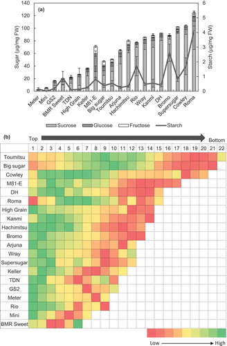 Figure 2. (a) NSC content in the lowermost internodes of sorghum stems and (b) pattern of sugar accumulation expressed in terms of brix for each internode along the whole length of the stem, for varieties grown in 2016. Data represent the mean ± SE (n=3–4). Varieties sorted on the basis of increasing sucrose content. The colour legend is not numerically universally applicable, but indicative of the high-to-low pattern of brix for each variety.