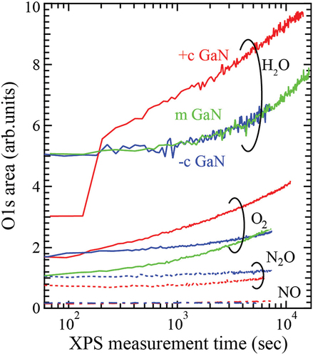 Figure 2. Variation of O 1s area detected by XPS upon exposing +c (red), −c (blue) and m- (green) GaN surfaces to each oxidant gas. The value of the initial area for each gas was shifted to improve legibility. The shutter introducing oxidation gas was open after a few scans of O1s core spectrum in the real-time XPS measurement.