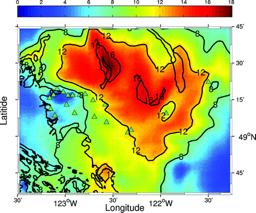 Fig. 9 Spatial plot of the average decrease (in ppb) between 1985 and 2005 in the modelled 8-hour averaged ozone exposure. The 8-hour exposure field was averaged over each of the three days in each of the four exploration runs. Also shown are the monitoring network station locations (green triangles) and contours at 8, 12, and 16 ppb (thin black lines).