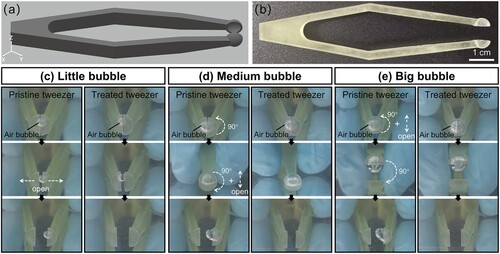 Figure 5. Superaerophobic 3D printed tweezers for underwater bubble manipulation. (a) The 3D model of the customised tweezer. (b) The photo of the post-surface-treated 3D printed tweezer. The capture, store, and release operation of underwater bubbles with various volumes using pristine and treated tweezers: (c) 10 μL (little bubble), (d) 40 μL (medium bubble), and (e) 60 μL (big bubble). The white arrows indicate the next operation of the tweezers.