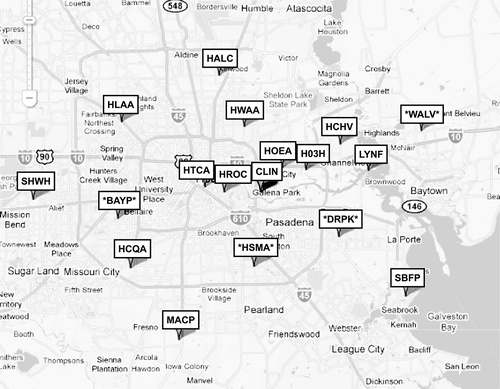Figure 1. Location of surface monitors near downtown Houston used in the attainment demonstration. The BAYP, DRPK, and WALV monitors have DVF,m above 85 ppb and are labeled with an asterisk. The monitors HNWA, CNR2, DNCG, LKJK, MSTG, GALC, and TXCT monitors are also used in the attainment demonstration but are located outside of the map shown here.