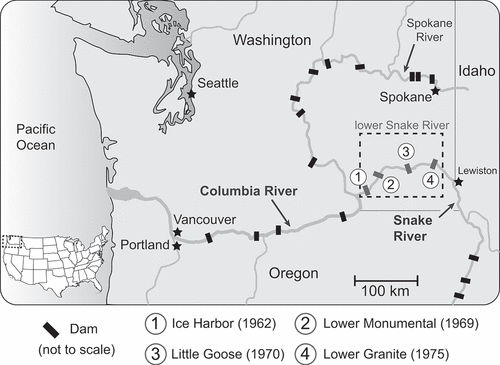 Figure 2. Locations of the four lower Snake River dams (LSRD) within the Columbia River basin.