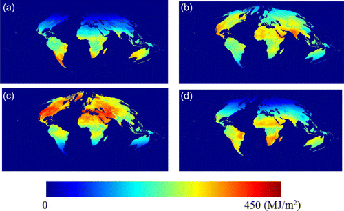 Figure 7. Global land surface monthly integrated incident PAR in 2008 at 5 km spatial resolution calculated from GLASS PAR product in (a) January, (b) April, (c) July, and (d) October.