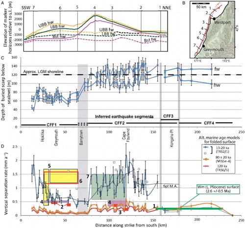 Figure 7. Vertical separation and vertical separation rates along the Cape Foulwind Fault. A, Footwall (fw) and hanging wall (hw) positions of top Basement (Bst); Lower Blue Bottom Formation (middle Miocene) (LBB); and Upper Blue Bottom Formation (Late Miocene) (UBB) as measured on the seven transects shown in part B. B, Location map of transects used for measurements of fault separation. C, Footwall and hanging-wall positions of late Quaternary erosion surfaces imaged in shallow-penetration sub-bottom profiles. Note that postglacial deformation (13–20 ka) on the northern segment of the fault is only confirmed on one sub-bottom profile (Figure 5C). D, Maximum vertical separation rates on the Cape Foulwind Fault derived from the data in (C) under the assumption of three different age scenarios. See text for explanation. The smoothed grey line labelled 5pt M.A is a five-point moving average of the measurements for the 13–20 ka surface age scenario. In comparison, the horizontal green bar (labelled 1) is the separation rate determined on a late Pliocene (Mangapanian, Wm) surface interpreted in seismic data and tied to Kongahu-1 well. Comparative uplift rate data from coastal terrace sequences on the hanging wall of the Cape Foulwind Fault are defined as: 2, solid red boxes, 240–400 ka terraces of Suggate (Citation1992); 3, solid red boxes, 400–600 ka terraces of Suggate (Citation1992); 4, purple boxes, 120 ka terraces of Suggate (Citation1992); 5, yellow filled boxes, 6 ka beach terrace (Nine Mile Formation surface), (Rose, Citation2011); 6, open red box, 33–130 ka terraces (Craigs to Candlelight surfaces) of Rose (Citation2011); 7, filled green box, c. 66–123 ka terraces, Suggate (Citation1992) surfaces correlated southwards to the Greymouth–Point Elizabeth sequence by Nathan et al. (Citation2002) but plotted here using the younger dating model of Rose (Citation2011).