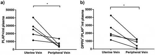 Figure 5. DPPIV expressing STB-EVs are present in the circulation and are placentally derived.Paired plasma samples were collected from the uterine and the peripheral vein of pregnant women. (a) Individual PLAP-positive event numbers from matched peripheral and uterine vein plasma samples (n = 5 women; *p < 0.05). (b) Individual PLAP/DPPIV double-positive event numbers from matched peripheral and uterine vein plasma samples (n = 5 women; *p < 0.05).