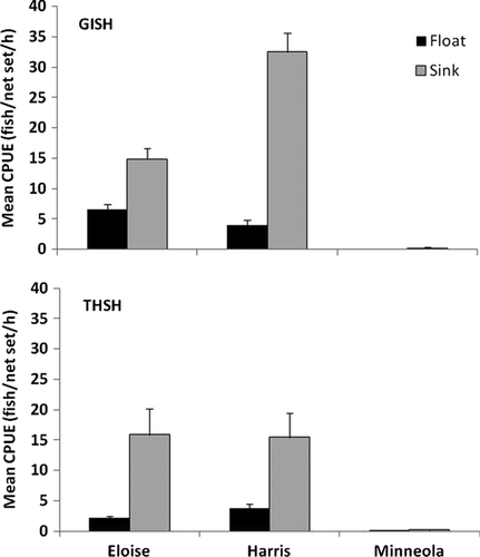 Figure 1 Adjusted mean catch rates (CPUE) with standard error bars for gizzard shad (GISH) and threadfin shad (THSH) collected using floating (black bars) and sinking (gray bars) experimental gill nets at lakes Eloise, Harris, and Minneola in winter 2007–2008. Floating catch rates were adjusted by dividing raw values by 1.33.