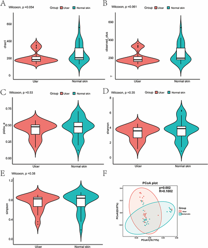 Figure 2 Microbiome diversity analysis. (A–E) Violin charts of α-diversity indexes. (A) Chao1 index; (B) Observed species; (C) Pielou’s evenness index; (D) Shannon index; (E) Simpson index; (F) PCoA plot of β-diversity calculated using the Jaccard distance method, indicating differences between the ulcer and normal skin groups. The horizontal and vertical axes are the two main coordinates with the greatest degree of interpretation.