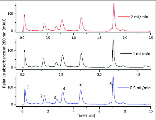Figure 2. Flow independent resolution of CIM monolithic columns; gradient elution of the mixture of 6 proteins on CIMac SO3 Analytical ColumnTM at the flow rates 0.5, 1.0 and 2.0 mL/min. Column: CIMac SO3 Analytical ColumnTM (5.2 mm I.D. × 5.0 mm); Sample: Test protein mixture (1) myoglobin, (2) trypsinogen, (3) ribonuclease A, (4) α-chymotrypsinogen A, (5) cytochrome C, (6) lysozyme; Injection volume: 10 μl; mobile phase A: Buffer A: 20 mM Na-phosphate, pH 6.0, Mobile phase B: Buffer B: 20 mM Na-phosphate + 1.0 M NaCl, pH 6.0, Gradient: a linear gradient from 0 to 28% buffer B in 30 CV, Detection: UV at 280 nm, HPLC system: Knauer high pressure gradient HPLC system.