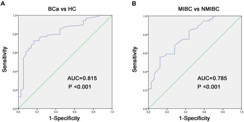 Figure 2 Diagnostic value assessment of miR-10a-5p in bladder cancer. (A) ROC curves indicate the ability of plasma miR-10a-5p to distinguish BCa patients from HC patients. (B) ROC curves indicate the ability of plasma miR-10a-5p to distinguish MIBC patients from NMIBC patients.