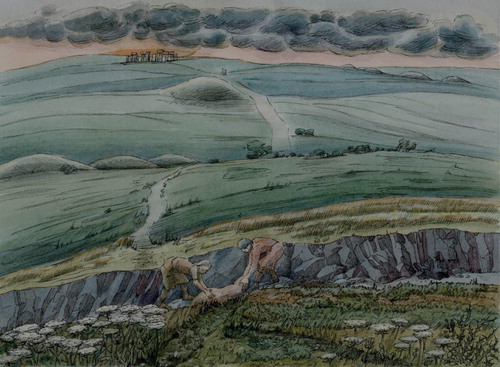 Figure 1. Burial of adult male in the Middle Bronze Age in fields overlooking Stonehenge from the south-east. Interpretative reconstruction of burials in ‘Ditch A’, trench 5 on the West Amesbury Farm site, by Judith Dobie.