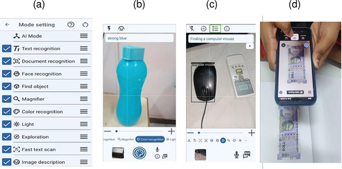 Figure 2 Multifeatured app showing (a) different operating modes (b) colour identification, (c) object identification and (d) currency identification features.