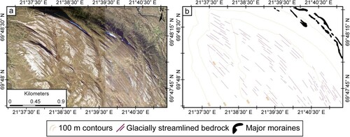 Figure 8. Glacially streamlined bedrock developed across an upland flanked by two glacial valleys: (a) image from norgeibilder.no (24/08/2016), (b) subset of resulting map (presented at 1:12,000 scale). The streamlining gently curves from a mean direction of 334° in the south-east to a mean direction of 300° in the north-west and parallels the orientation of the valleys on either side. Approximate image location: 69°48′9.30″N, 21°38′11.01″E.