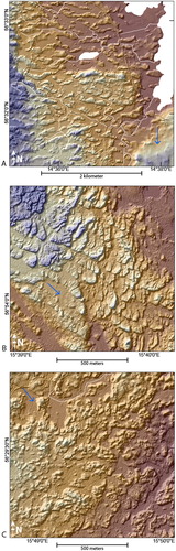 Figure 2. Examples of the variety within the hummock tracts. (A) Semi-ordered ridges transverse to ice flow. (B) V-shaped hummocks. (C) Disorganized irregular hills and depressions. Blue arrows display ice-flow direction from glacial lineations. Background: Hillshade (illumination from 315°) image overlying a colored DEM; brown = low elevation, grey = intermediate, purple = high.